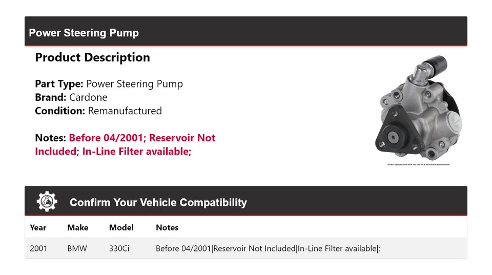 Bomba de direção hidráulica Cardone para 2001 BMW 330Ci - Imagem 2 de 4
