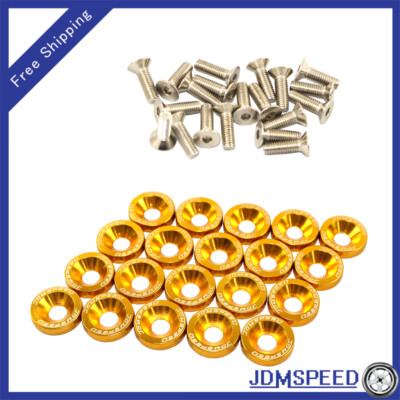 #ad JDM 20PCS BILLET ALUMINUM FENDER BUMPER WASHER BOLT ENGINE BAY DRESS UP KIT GOLD $8.88