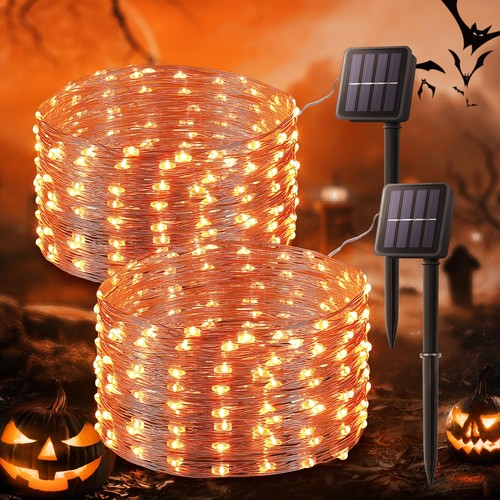 2 Pack Orange Solar Halloween Lights, 33ft 100 LED Solar Fairy Lights Outdoor
