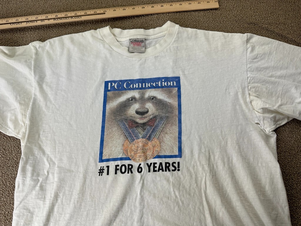 PC Connection Shirt Mail Order Company Raccoon Oneita White Distressed ...