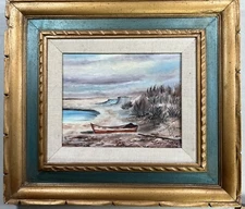 Lena Hipp Oil on Canvas Panel Abandoned Rowboat At Lake Signed & Framed 16x18"