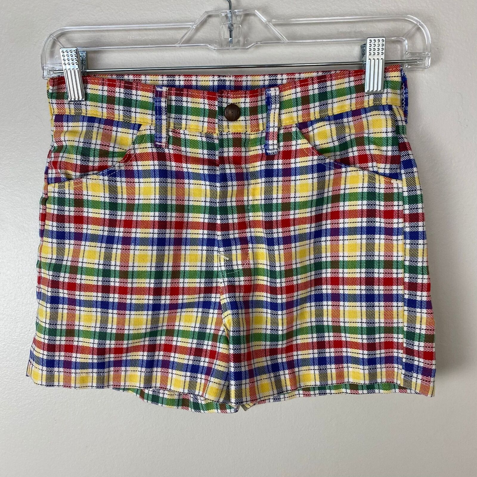 Vintage 1970s Rainbow Plaid Denim Shorts Hillbill… - image 1