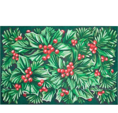 Illusions Colorful Holly Berry Green Indoor/Outdoor Doormat,Size 23''x35''