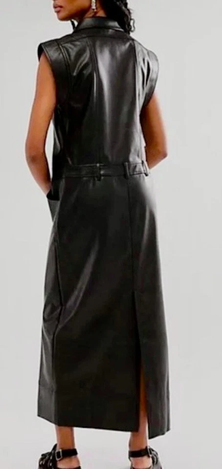Maxi Vestido Free People Danni Cuero Vegano Midi Botones Manga Gorra Negro M Nuevo con Etiquetas Foto 2 de 4