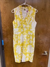 Women Vintage  "Eliza J" yellow and white sleeveless sheath dress. Size 8. P.O.