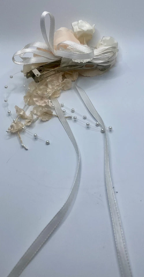 White Peach Silk Rose Flower Barrette Clip Beads Ribbon Bridal Party Prom Easter - Image 2 of 4