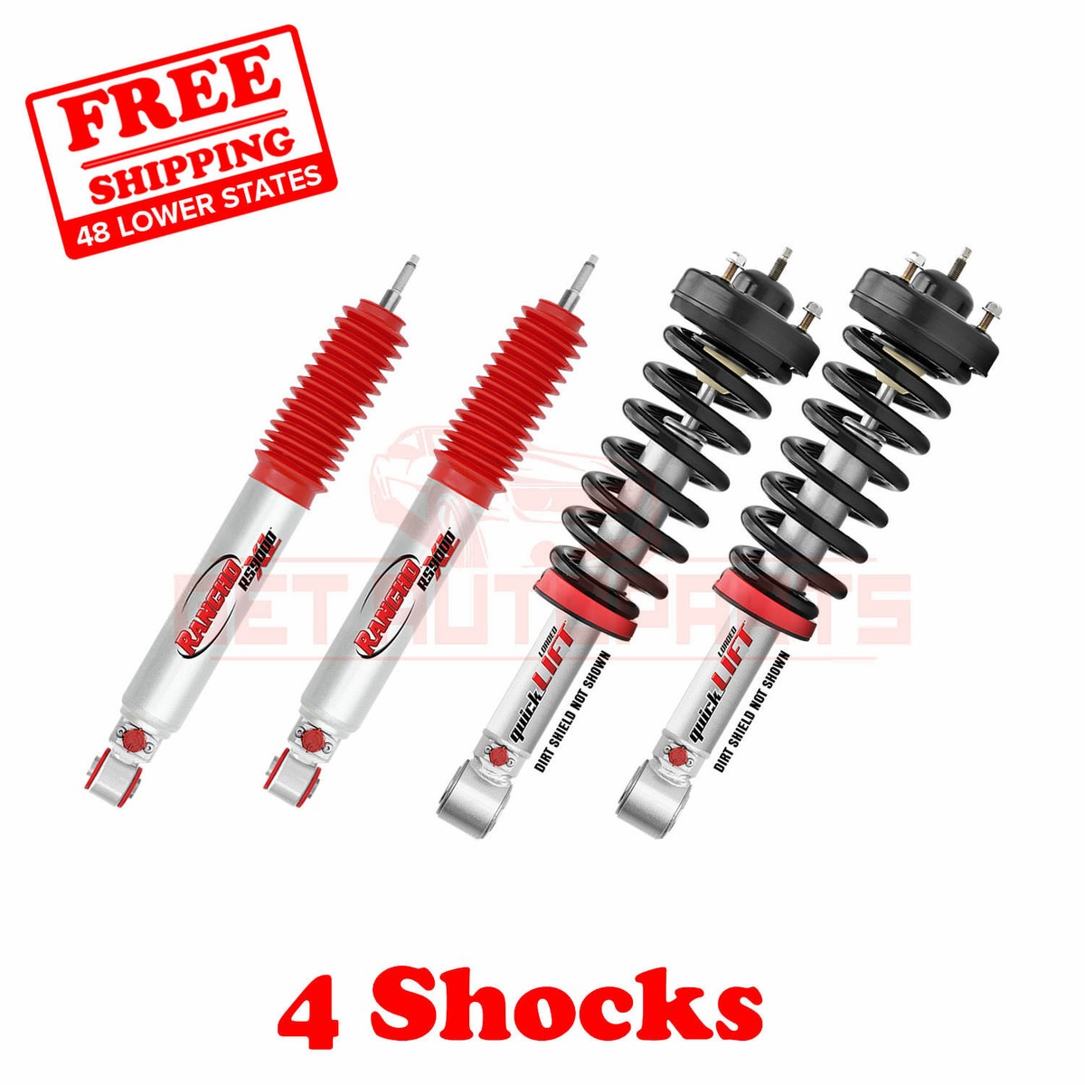 Kit of 4 Rancho Front & Rear Quicklift & RS9000XL Shocks for 05-15