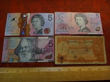 Lot of 4 Australia Currency Notes 3x 5 Dollars & 1x Ten Shillings - Free S&H USA