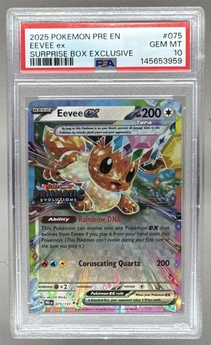 145653959 Eevee ex 2025 Pokemon Prismatic Evolutions #075 Surprise Promo PSA 10
