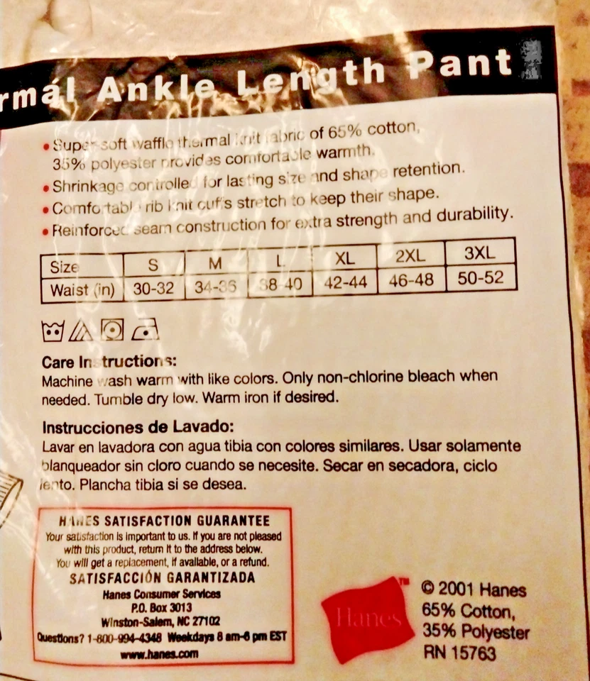 Vintage Hanes Waffle Thermal Ankle Length Long Johns Men's Large Underwear NIP - Image 3 of 4