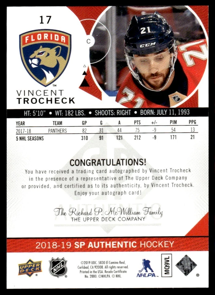 2018-19 SP Authentic Limited Red Vincent Trocheck Florida Panthers #17 - Image 2 of 2