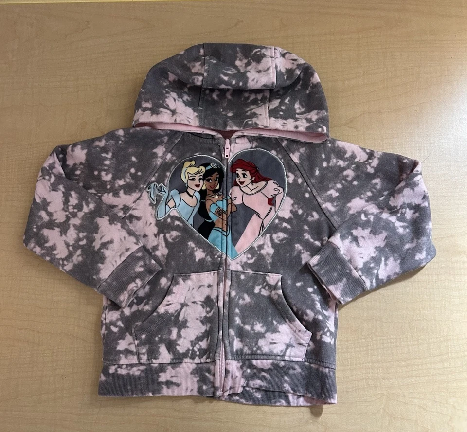 Disney Princess Girl’s Zip Hoodie Tie Dye Pink Sz 5 Cinderella Jasmine Ariel - Image 1 of 4