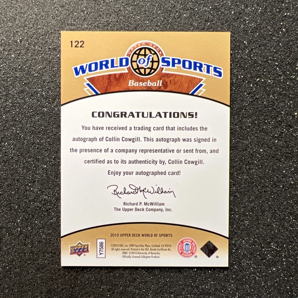 2010 UD World Of Sports COLLIN COWGILL #122 Kentucky AUTO - BASEBALL CARD - Image 4 of 4