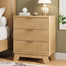 Fluted Nightstand, 24" Wide Side Table with 3 Large Storage Drawers