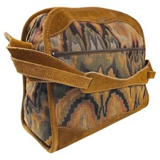 Vintage NEIMAN MARCUS Travel Bag Brown Suede Tapestry Geometric Oversize Padlock