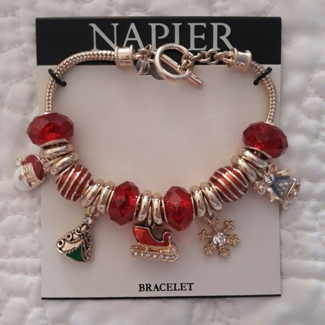 New Napier Gold Tone Christmas Charm Bracelet Santa Sleigh Bell Tree