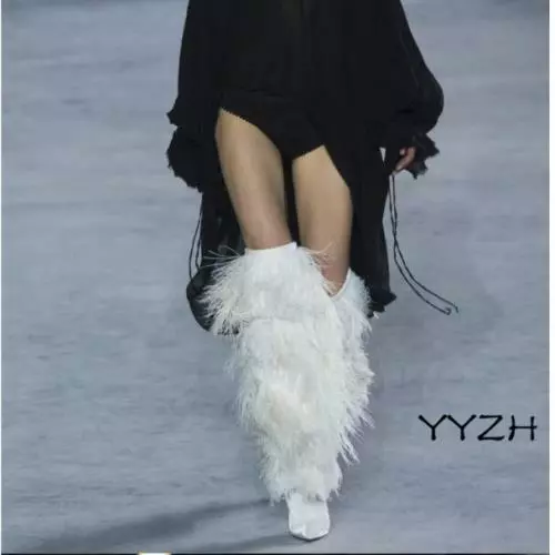 Women s Ladies Luxury Faux Ostrich Feather Fur High Heel Knee High