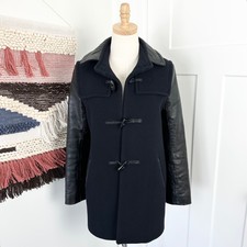 Sandro Wool-blend Leather Sleeve Toggle Duffle Coat Navy Blue/black Size S