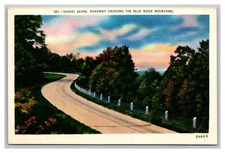 Sunset Scene Roadway Crossing the Blue Ridge Mountains 521 Linen Postcard