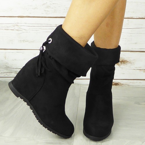 Womens Ladies Mid Calf Wedge Boots 