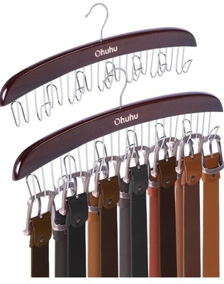 Ohuhu 12 Hooks Stainless Steel Belts Tie Rack Wooden Holder Walnut 2Pack New