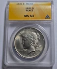 1921 PEACE HIGH RELIEF $1 Dollar Silver Coin ~ANACS Mint State MS63 ~Original BU