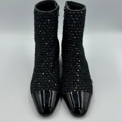Steve Madden Eiffel Tweed Ankle Boots 7.5 Black Gold Sequin Cap Toe Block Heel