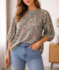 J. Jill Womens Tunic Blouse Womens 2X Plus Size Floral Short Sleeve Cottagecore