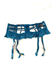 Victoria's Secret Rhinestone Fishnet Lace Garter Belt Teal