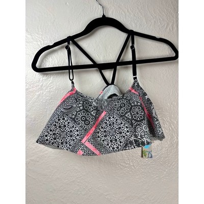 NWT Malibu Dream Girl Bikini Top Womens S Black Pink Paisley Flounce Vacation