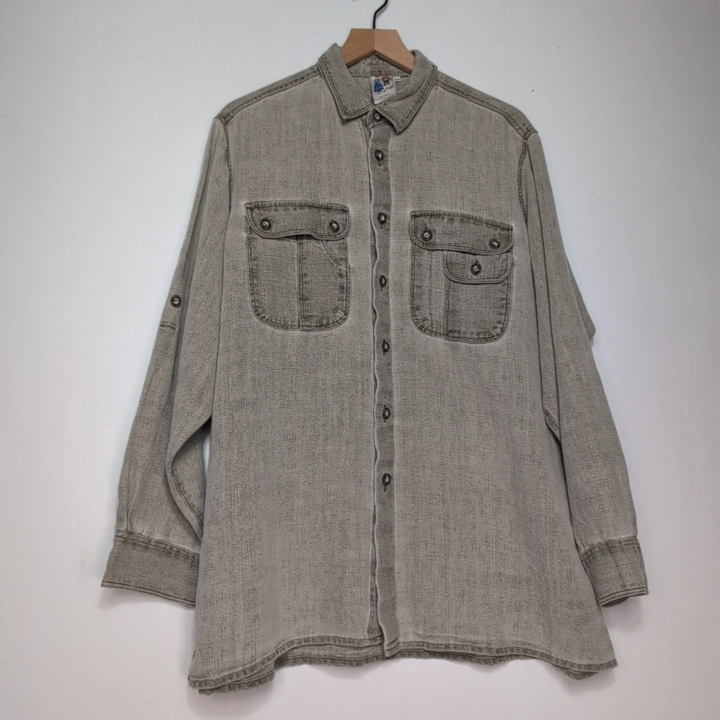 Spitzbua Mens Textured Button Down Shirt Grey Green Roll Tab Sleeve Size 42