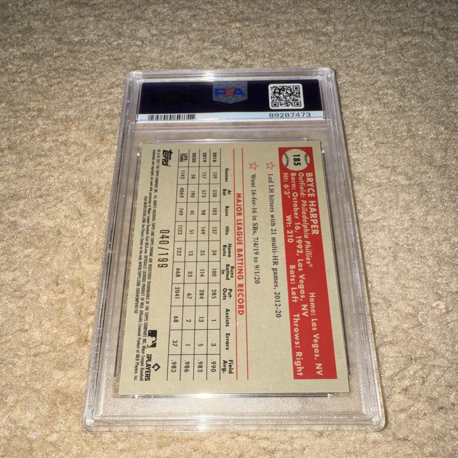 Topps 2021 Chrome Platinum Bryce Harper Blue Mini-Diamond /199 PSA 10 #185 Pop 4 view 2