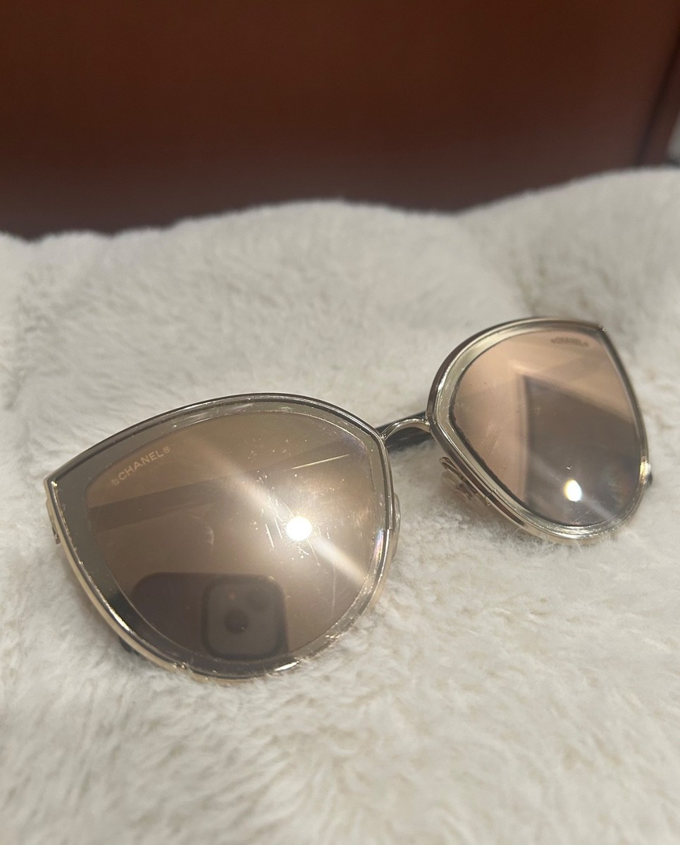 CHANEL Cat Eye Sunglasses Gold Frame Brown Lens Coco Mark