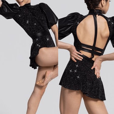 Weissman Elite dance costume Black puff sleeve leotard Control D12755 adult MA