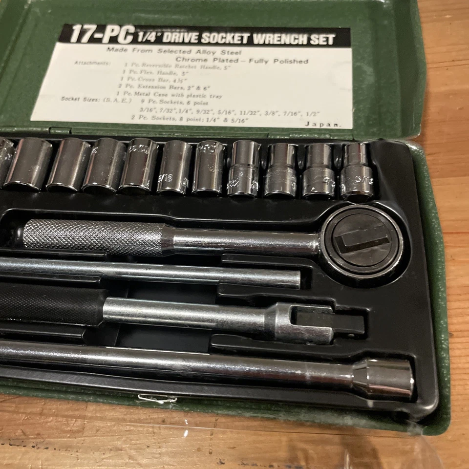 17pc 1/4” Drive Socket Wrench Set SAE Tools Ratchet Breaker Bar Sockets Japan - Image 4 of 4