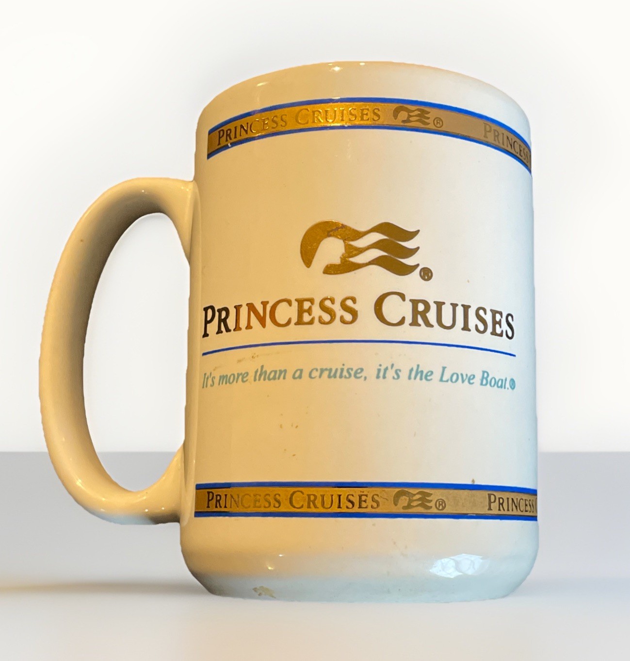 Vintage Princess Cruises Coffee Mug Cup White Gold Banner “It’s The Love Boat”