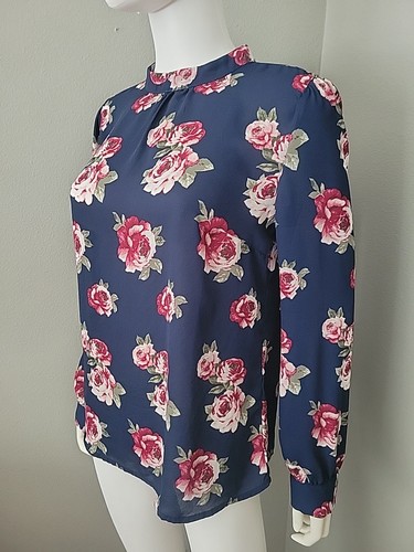 Forever 21 Long-sleeve Blouse Floral Tunic Size Large Blue Maroon White Roses - Picture 2 of 13