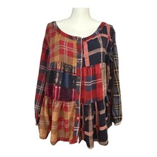 Sacred Threads Patchwork Plaid Babydoll Blous...