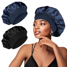 2Pcs Silk Bonnet for Sleeping, Adjustable Double Layer Hair Large, Black blue