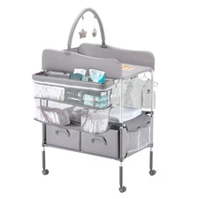 VEVOR Foldable Baby Changing Diaper Station with Side Basket & Hanging Rod Gray
