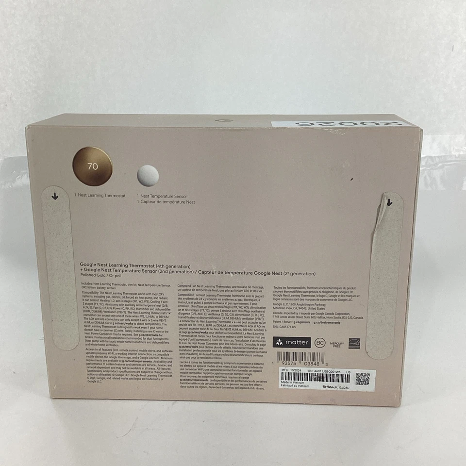 Google Nest Learning Thermostat 4th Gen Polished Gold  Temperature Sensor SEALED - Image 4 of 4