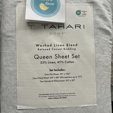 4 pc TAHARI QUEEN Sheet Set Linen Cotton White Soft Blue Green New Washed Linen