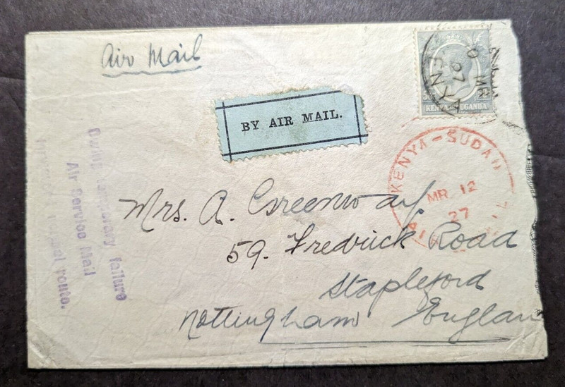 1927 British KUT Airmail Cover Kenya to Nottingham England