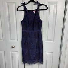 Lilly Pulitzer Kayleigh Bows Scalloped Lace Navy Blue Shift Dress Size 00