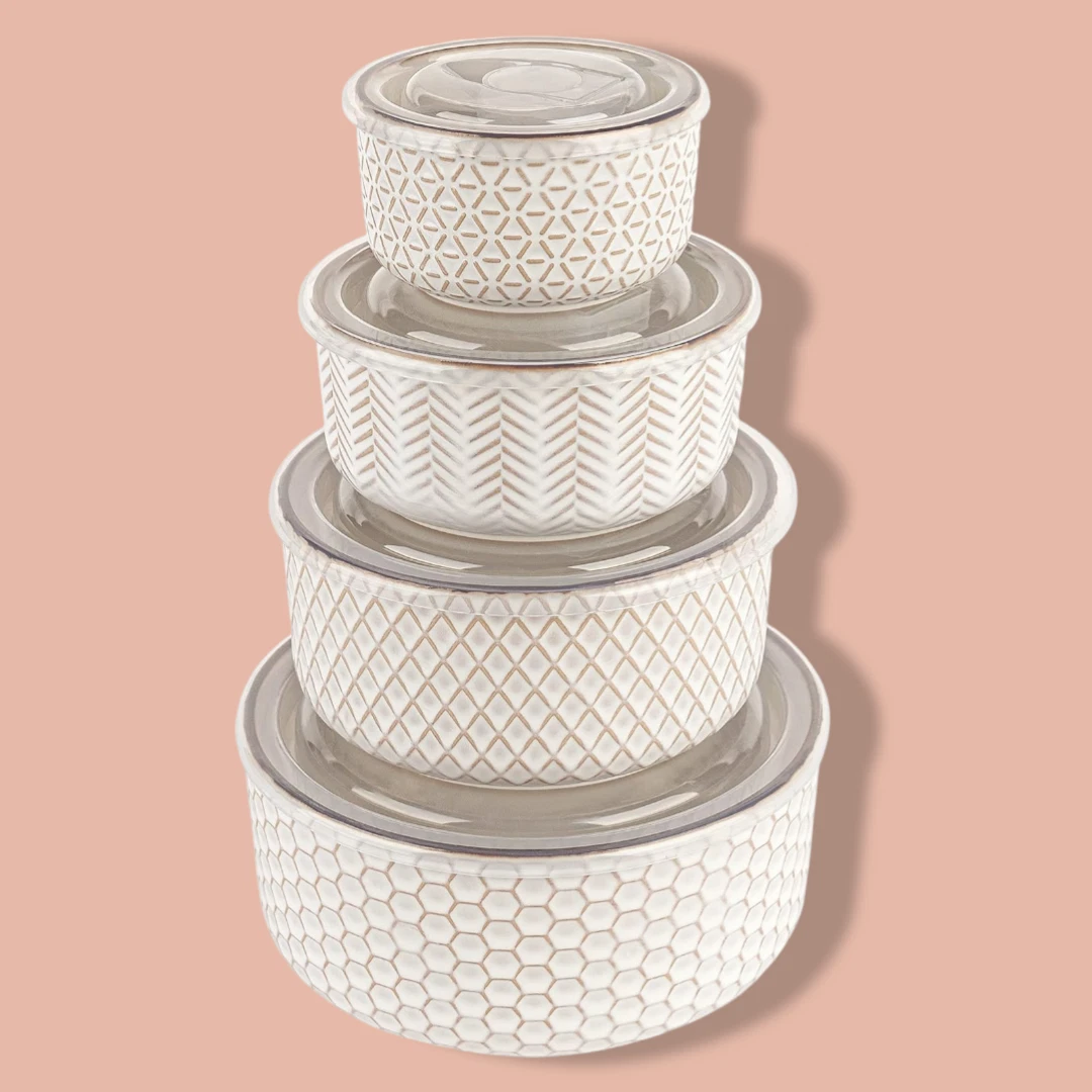 Ceramic Nesting Bowls with Lids Set of 4 Microwave Dishwasher Safe Ivory