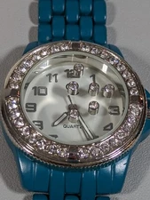 Charming Charlie White Dial Floating Crystal Round Case Blue Link Band Watch 7in