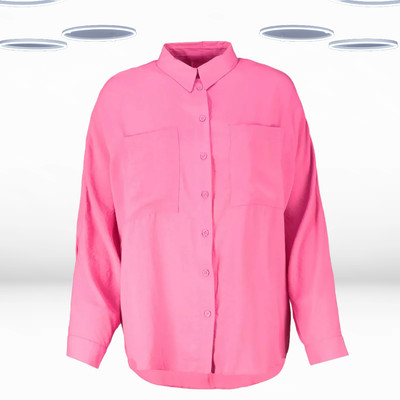 Ex Women's Plus Size Curve Long Sleeve Shirt in Neon Pink
