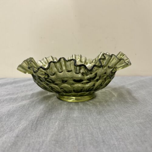 VINTAGE FENTON COLONIAL GREEN GLASS THUMBPRINT RUFFLED CANDY BOWL FS Charity - Picture 2 of 9