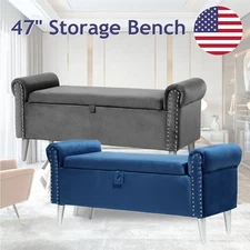 47" Contemporary Ottoman Rivet Rolled Arm Storage Footstool Velvet Bench Home