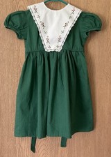 Vintage Handmade Girls Green Cotton Dress Detachable Embroidered Bib 50s